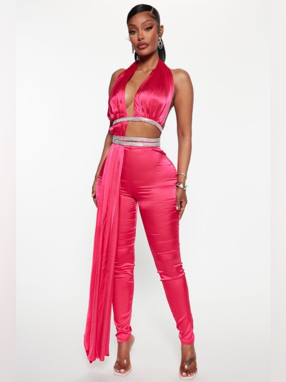 NWT Fashion Nova Serena Satin Halter Top Hot Pink Sparkling Rhinestone Trim 📐XL